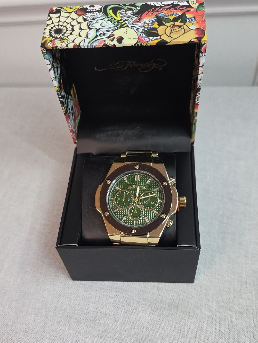 Ed Hardy Gold Tone Watch with Green Dial